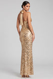Golden Mermaid Halter Backless Long Evening Dress with Sequins