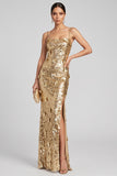 Sparkly Golden Sheath Sequins 3D Appliques Maxi Evening Dress with Side Slit