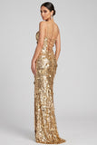 Sparkly Golden Sheath Sequins 3D Appliques Maxi Evening Dress with Side Slit