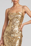 Sparkly Golden Sheath Sequins 3D Appliques Maxi Evening Dress with Side Slit
