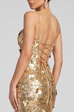 Sparkly Golden Sheath Sequins 3D Appliques Maxi Evening Dress with Side Slit