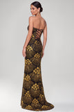 Sparkly Black Golden Sheath Strapless Sequins Maxi Evening Dress with Beading