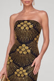 Sparkly Black Golden Sheath Strapless Sequins Maxi Evening Dress with Beading