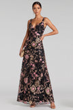 Black Pink A-Line V-Neck Floral Maxi Evening Dress with Sequins