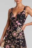 Black Pink A-Line V-Neck Floral Maxi Evening Dress with Sequins