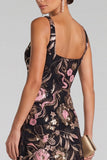 Black Pink A-Line V-Neck Floral Maxi Evening Dress with Sequins
