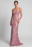 Sparkly Mermaid Spaghetti Straps Sequins Pink Evening Dress with Lace Up Back