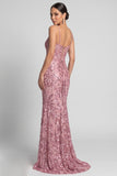 Sparkly Mermaid Spaghetti Straps Sequins Pink Evening Dress with Lace Up Back