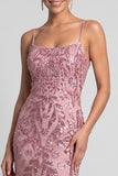 Sparkly Mermaid Spaghetti Straps Sequins Pink Evening Dress with Lace Up Back