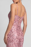 Sparkly Mermaid Spaghetti Straps Sequins Pink Evening Dress with Lace Up Back