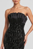 Black Mermaid Strapless Pleated Sequins Satin Evening Dress