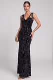 Black Mermaid Cut Out V-Neck Velvet Sequins Long Evening Dress