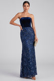 Navy Strapless Mermaid Velvet Sequins Long Evening Dress