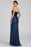 Navy Strapless Mermaid Velvet Sequins Long Evening Dress
