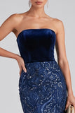 Navy Strapless Mermaid Velvet Sequins Long Evening Dress