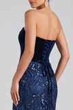 Navy Strapless Mermaid Velvet Sequins Long Evening Dress
