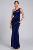 Glitter Navy Velvet One Shoulder Ruched Evening Dress