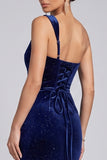 Glitter Navy Velvet One Shoulder Ruched Evening Dress