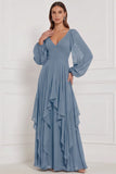 Espresso A-Line V-Neck Puff Sleeves Ruffled Maxi Bridesmaid Dress