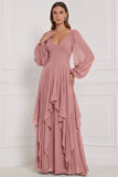 Espresso A-Line V-Neck Puff Sleeves Ruffled Maxi Bridesmaid Dress