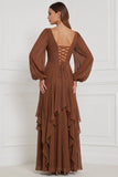 Espresso A-Line V-Neck Puff Sleeves Ruffled Maxi Bridesmaid Dress