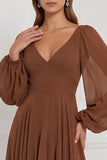 Espresso A-Line V-Neck Puff Sleeves Ruffled Maxi Bridesmaid Dress