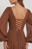 Espresso A-Line V-Neck Puff Sleeves Ruffled Maxi Bridesmaid Dress