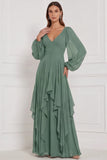 Espresso A-Line V-Neck Puff Sleeves Ruffled Maxi Bridesmaid Dress