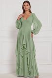 Espresso A-Line V-Neck Puff Sleeves Ruffled Maxi Bridesmaid Dress