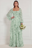 Sage A-Line Square Neck Printed Long Sleeves Tiered Ruffled Bridesmaid Dress