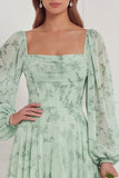Sage A-Line Square Neck Printed Long Sleeves Tiered Ruffled Bridesmaid Dress