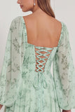Sage A-Line Square Neck Printed Long Sleeves Tiered Ruffled Bridesmaid Dress