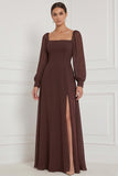 Espresso A-Line Square Neck Puff Sleeves Maxi Bridesmaid Dress with Side Slit