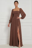 Espresso A-Line Square Neck Puff Sleeves Maxi Bridesmaid Dress with Side Slit