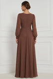 Espresso A-Line Square Neck Puff Sleeves Maxi Bridesmaid Dress with Side Slit