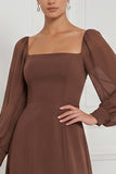 Espresso A-Line Square Neck Puff Sleeves Maxi Bridesmaid Dress with Side Slit
