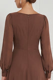 Espresso A-Line Square Neck Puff Sleeves Maxi Bridesmaid Dress with Side Slit