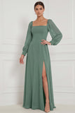 Espresso A-Line Square Neck Puff Sleeves Maxi Bridesmaid Dress with Side Slit