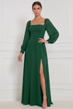 Espresso A-Line Square Neck Puff Sleeves Maxi Bridesmaid Dress with Side Slit