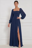 Espresso A-Line Square Neck Puff Sleeves Maxi Bridesmaid Dress with Side Slit