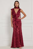 Burgundy Mermaid V-Neck Printed Ruffled Long Bridesmaid Dress