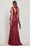 Burgundy Mermaid V-Neck Printed Ruffled Long Bridesmaid Dress