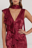Burgundy Mermaid V-Neck Printed Ruffled Long Bridesmaid Dress