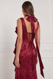 Burgundy Mermaid V-Neck Printed Ruffled Long Bridesmaid Dress