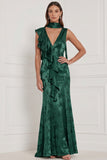 Burgundy Mermaid V-Neck Printed Ruffled Long Bridesmaid Dress