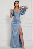 Espresso Sheath Square Neck Ruched Flare Sleeves Maxi Bridesmaid Dress with Slit