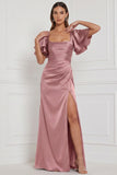 Espresso Sheath Square Neck Ruched Flare Sleeves Maxi Bridesmaid Dress with Slit