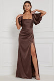Espresso Sheath Square Neck Ruched Flare Sleeves Maxi Bridesmaid Dress with Slit