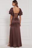 Espresso Sheath Square Neck Ruched Flare Sleeves Maxi Bridesmaid Dress with Slit