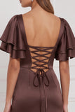 Espresso Sheath Square Neck Ruched Flare Sleeves Maxi Bridesmaid Dress with Slit